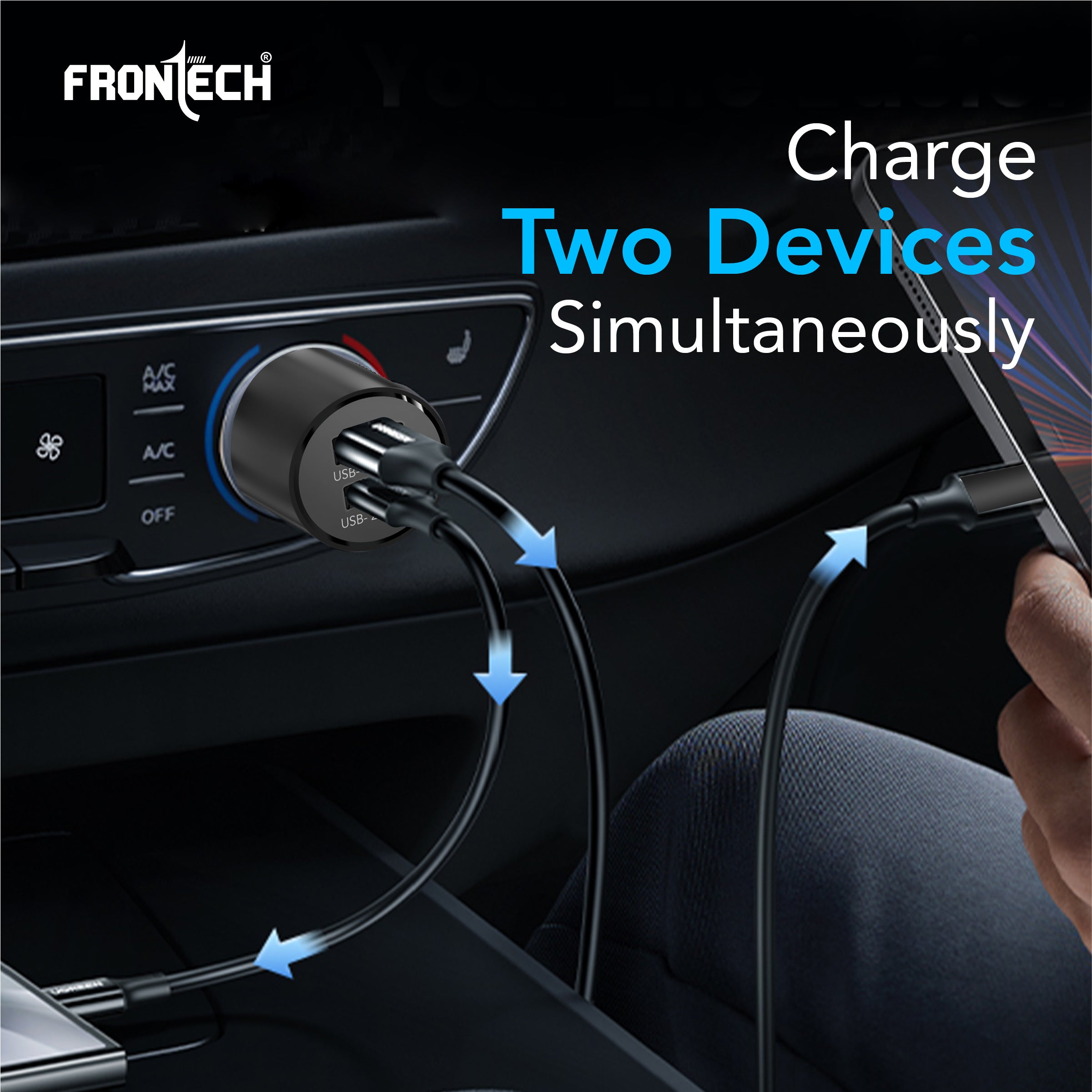 Frontech 17W Dual USB Car Charger with 1M Type-C Cable | Fast Charging (5V/3.4A) | Compact, Anti-Vibration Design | Charge 2 Devices Simultaneously (CCH-0008) Frontech 17W Dual USB Car Charger with 1M Type-C Cable | Fast Charging (5V/3.4A) | Compact, Anti-Vibration Design | Charge 2 Devices Simultaneously (CCH-0008)